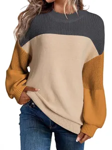 Womens casual color-block crew neck knit sweater with lantern sleeves for autumn