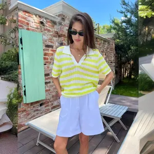 Women's lime green striped knit polo shirt with short sleeves and white collar for summer