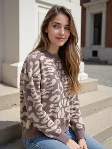 Detail of a dusty rose leopard print knit sweater on a model outdoors