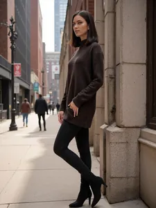 Detailansicht eines braunen Oversize-Rollkragenpullovers für Damen in urbaner Umgebung.