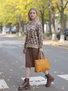 Leopard print mock neck knit sweater in loose fit for autumn street style fashion
