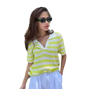 Stylish women's yellow and white striped short sleeve polo neck knit sweater top