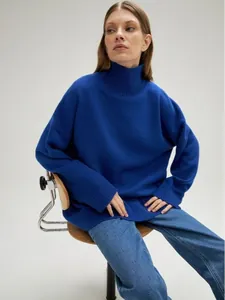 Cozy oversized royal blue mock neck knit sweater for women, elegant fall winter fashion outfit