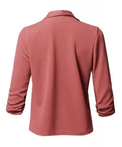 Back view of a slim-fit women's dusty rose casual blazer with stylish ruched sleeves.