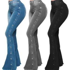 High-waisted stretch flared jeans met knopen aan de zijkant in blauw, grijs en zwart