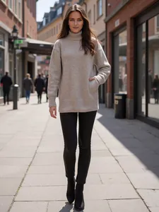 Lockere Rollkragen-Strickjacke in Beige, präsentiert in einer Outdoor-Streetstyle-Szene