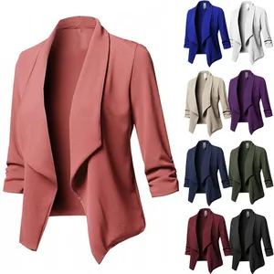 Women's Slim Fit Ruched Sleeve Blazer Open Front Draped Lapel Casual Solid Fuchsia Suit Jacket Office Work Top For Women