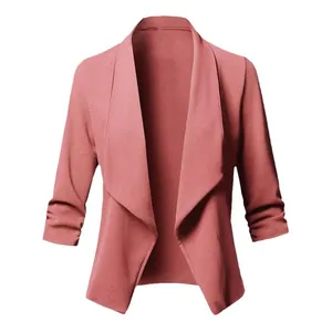 Elegant women's slim-fit casual blazer jacket in rose pink color, open front style.