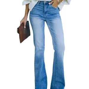 Women's high-waisted blue stretch flare jeans with washed finish for a trendy casual style.