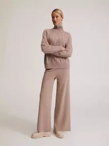 Elegant mauve two-piece turtleneck knit set with cable pattern and wide-leg pants