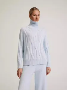 Light blue turtleneck cable-knit sweater and wide-leg pants two-piece set for women