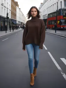 Détail extérieur d'une femme portant un pull en maille marron à col roulé élégant.