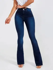 Jean évasé stretch slim à taille haute pour femmes en denim bleu foncé de qualité