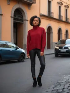 Vue de rue élégante d'une femme portant un pull à col roulé rouge et un pantalon en cuir