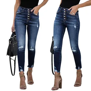 Women's vintage high-waisted button-fly distressed skinny jeans with frayed hems