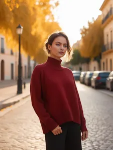 Détail d'un pull à col roulé bordeaux porté à l'extérieur sous la lumière d'automne