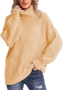 Pull à col roulé en grosse maille torsadée jaune pâle pour femme, coupe ample et confortable