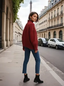 Femme élégante portant un pull rouge à col roulé oversize dans une rue pittoresque de Paris