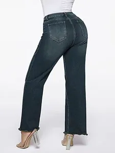 Detailed back view of stylish women's retro washed mid-waist straight-leg denim jeans