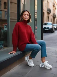 Modèle élégant en pull à col roulé rouge surdimensionné et jean bleu en ville