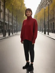 Pull à col roulé rouge à la mode avec coupe ample dans un élégant décor urbain