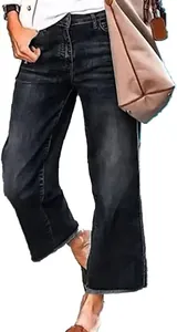 Vintage washed black straight leg cropped jeans for women with a relaxed mid-waist fit.