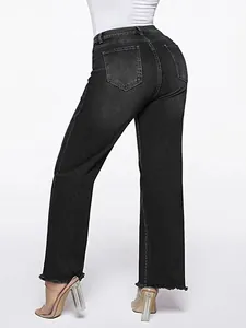Back view of black washed straight-leg vintage denim jeans featuring a raw hem design