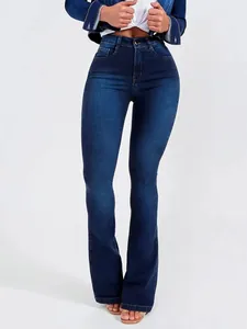 Vue détaillée d'un jean évasé taille haute pour femme, coupe ajustée, délavage bleu foncé
