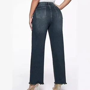 Women Vintage Washed Straight Leg Jeans Mid Waist Cropped Denim Pants With Raw Hem Distressed Casual Retro Blue Black Trousers