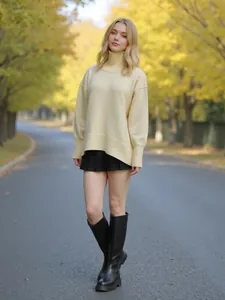Vue d'un pull à col roulé oversize crème pour femme dans un décor de parc en automne