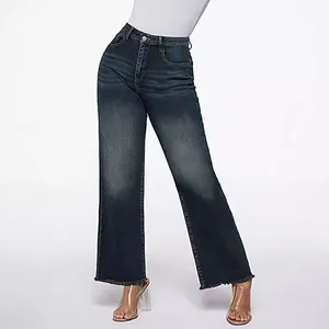 High waist straight leg women's jeans featuring a vintage wash effect and raw hem detail