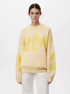 Damen Casual Oversize Strickpullover Rundhalsausschnitt Buchstabenmuster Langarm Pullover Herbst Winter Weicher Kernspinngarn Modisches Oberteil