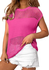 Close-up view of a vibrant pink hollow-out mesh knit top with round neck for summer casual wear