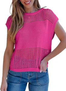 Vibrant pink short sleeve hollow mesh knit sweater pullover for women summer casual