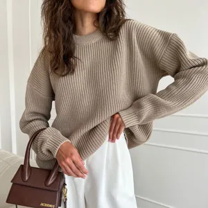 Oversized round neck knitted sweater in taupe brown color for women, autumn winter style