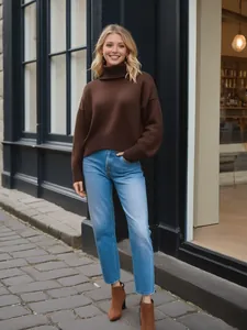 Close-up of a cozy dark brown high-neck knit sweater featuring a relaxed fit and ribbed cuffs