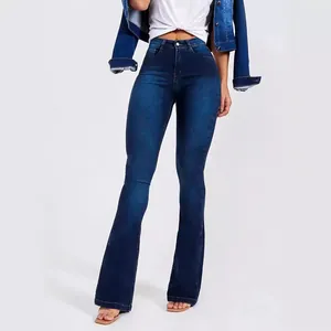 Jean évasé extensible à taille haute élégant pour femme en denim bleu foncé délavé
