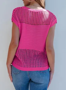 Back view detail of a vibrant pink hollow-out short sleeve knitted top for women