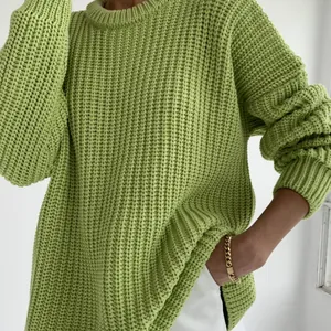 Chunky avocado green round neck oversized knitted sweater for women
