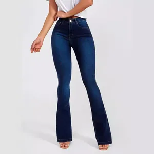 Jean évasé taille haute pour femme, coupe ajustée et extensible, coloris bleu foncé délavé