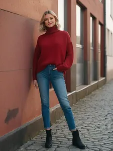 Close-up of a stylish loose red high-neck knitted sweater for women in autumn winter season