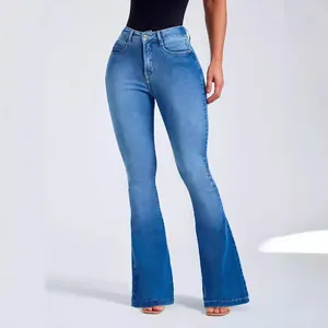 Jean évasé en denim à taille haute et coupe ajustée pour femme, bleu