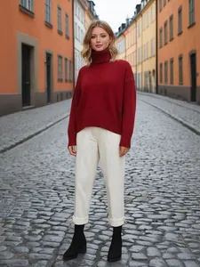 Detailed shot of a red turtleneck thick knit sweater styled in a European street setting.
