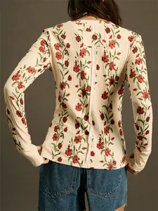 Back view of a vintage floral print ribbed long sleeve T-shirt for women