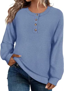 Pull décontracté bleu en maille gaufrée pour femme avec col Henley et manches longues
