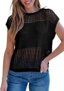 Stylish women's black crewneck short sleeve hollow out mesh knit sweater top for summer