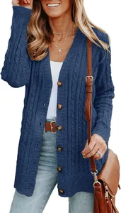 Élégant cardigan en maille torsadée bleue pour femme avec boutons et manches longues pour hiver