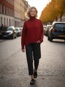 Detailed view of red turtleneck sweater on a model walking on a European street