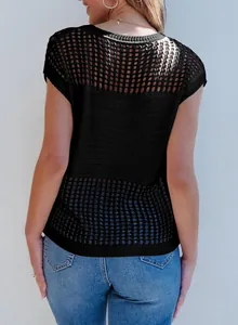 Detailed back view of this black mesh hollow-out knit pullover top for summer outfits