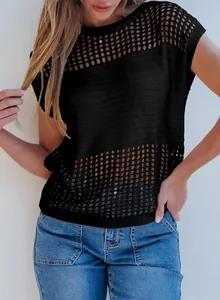 Close-up of the mesh knit texture and hollow-out design on this casual black short sleeve top.